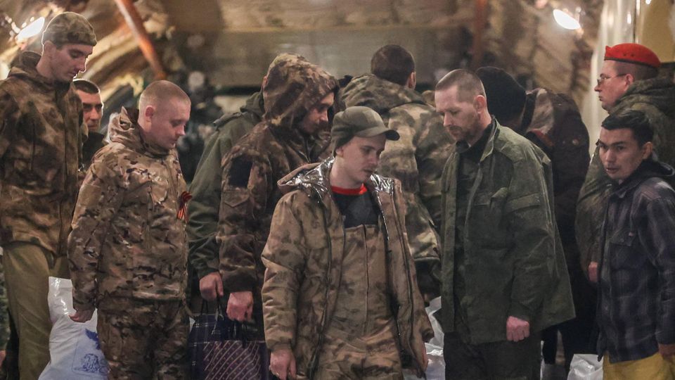 Russian soldiers after a prisoner exchange in April