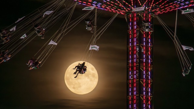 Oktoberfest: A picture for the calendar: chain carousel in the moonlight.