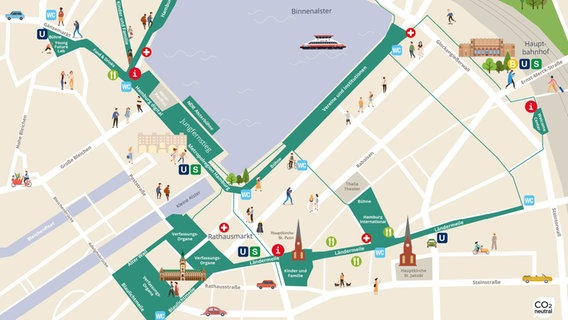 A map shows the event areas on German Unity Day 2023 in Hamburg's city center.  © Free and Hanseatic City of Hamburg 