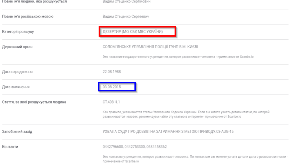 Auszug aus einer ukrainischen Personendatenbank, der zeigt, dass FSB-Mann Stetsenko seit August 2015 sowohl vom Innenministerium, dem Verteidigungsministerium wie auch dem Geheimdienst SBU wegen Landesverrats gesucht wird