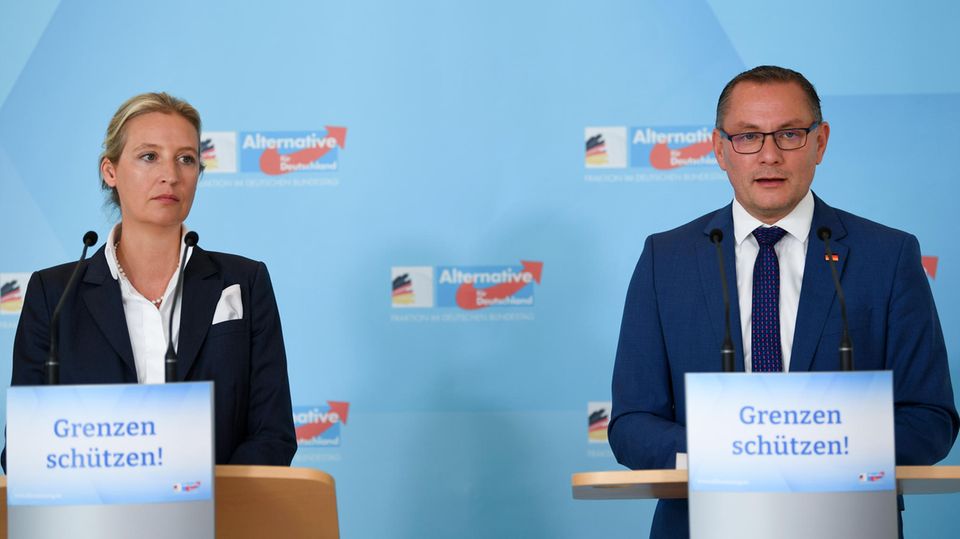 AfD parliamentary group leaders Tino Chrupalla and Alice Weidel speak to the press