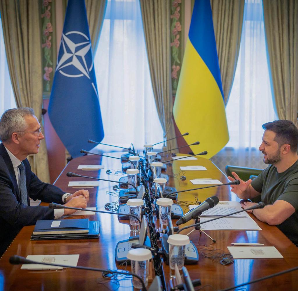 NATO Secretary General Jens Stoltenberg, left, and Ukrainian President Volodymyr Zelenskyy talk during their meeting in Kyiv, Ukraine, Thursday, Sept. 28, 2023. (Ukrainian Presidential Press Office via AP)