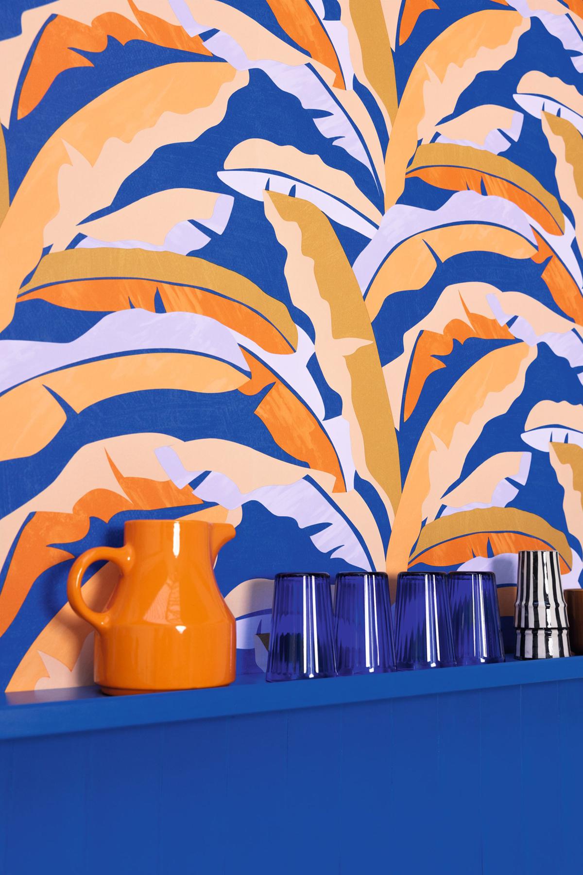 Banana Leaf Wallpaper Size Royal Blue Orange Xxl