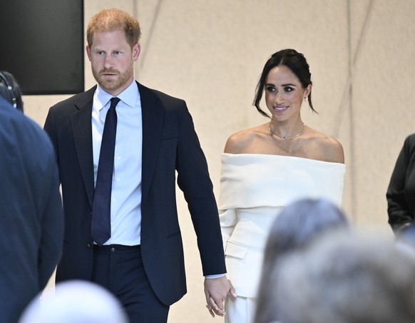 October 10, 2023, USA, New York: Britain's Prince Harry, Duke of Sussex, and Meghan, Duchess of Sussex, attend the Parents' Summit 