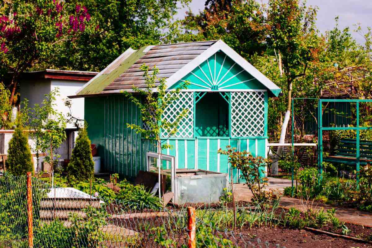 Blue and Wooden Garden Sheds