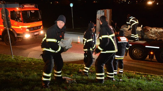 Firefighters carry sandbags to a dike in the Vier- und Marschlande in Hamburg.  © picture alliance / rtn - radio tele nord 