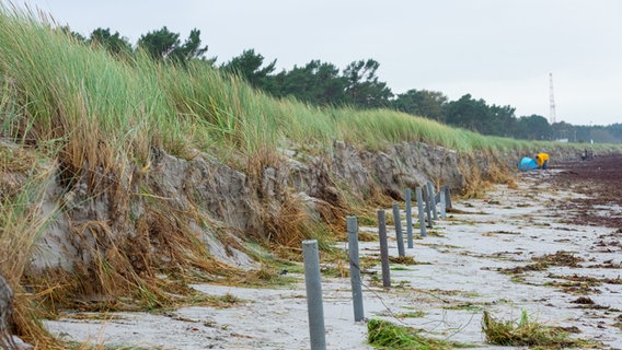 Wellen haben am Strand von Breege die Dünen abgetragen. Eine schwere Sturmflut hat an der Ostseeküste für zum Teil große Schäden gesorgt. © dpa Foto: Georg Moritz
