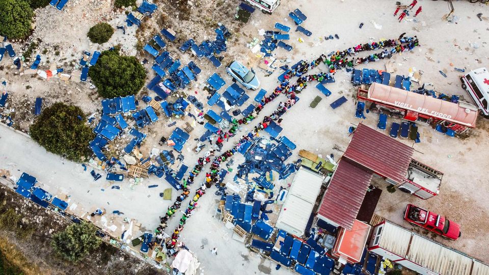 An aerial view of the "Hotspot" mentioned operations center on the Italian island of Lampedusa