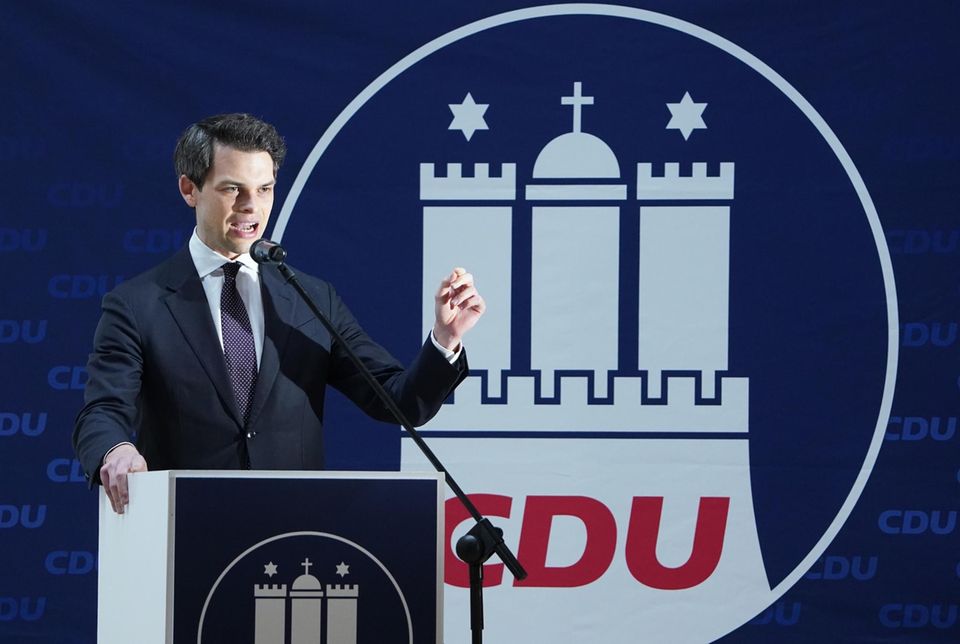 CDU politician Christoph Ploß during a speech at the podium
