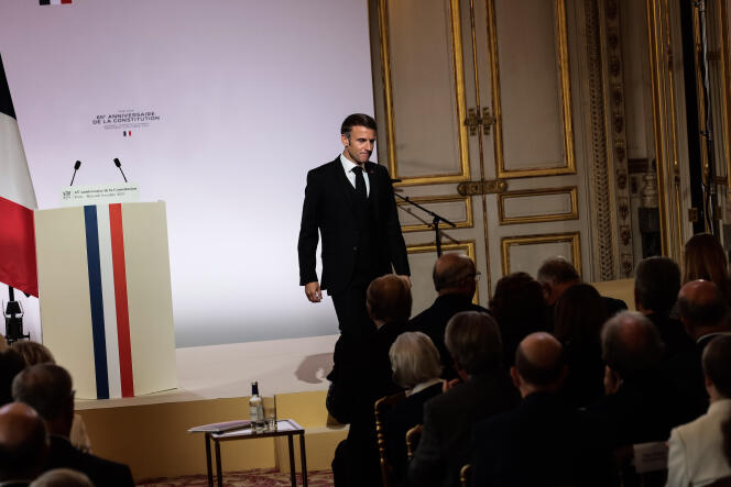 Emmanuel Macron after his speech on the occasion of the 65th anniversary of the French Constitution of 1958 at the Constitutional Council, in Paris, October 4, 2023. 