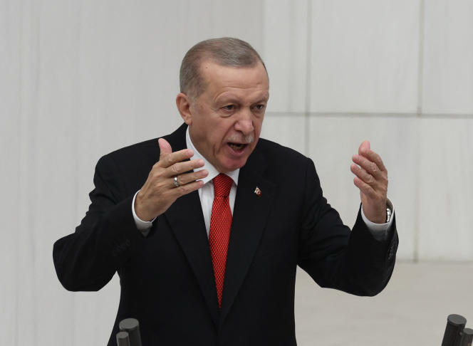 Turkish President Recep Tayyip Erdogan delivers a speech at the opening of the parliamentary session, in Ankara, October 1, 2023.