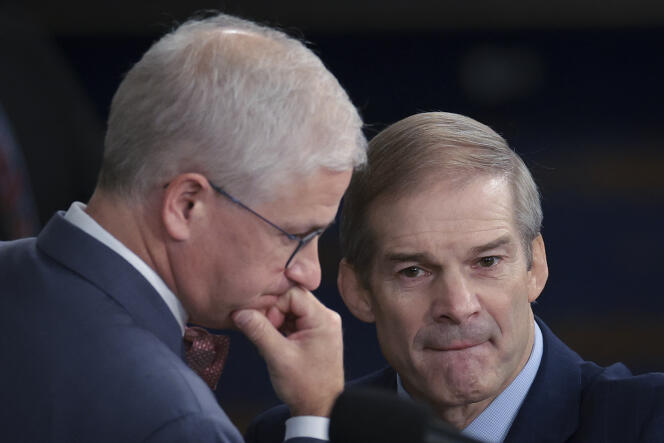 Acting Speaker of the House Patrick McHenry (North Carolina, left) and speaker candidate Jim Jordan (Ohio) before the vote in the House of Representatives in Washington, D.C. October 18, 2023.