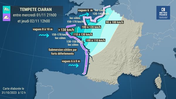 The forecast for storm Ciaran between November 1 and 2, according to a map published on October 31, 2023 by Météo France