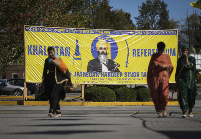 A banner honoring the murdered Sikh leader outside the temple in Surrey, British Columbia, Canada, September 18, 2023.