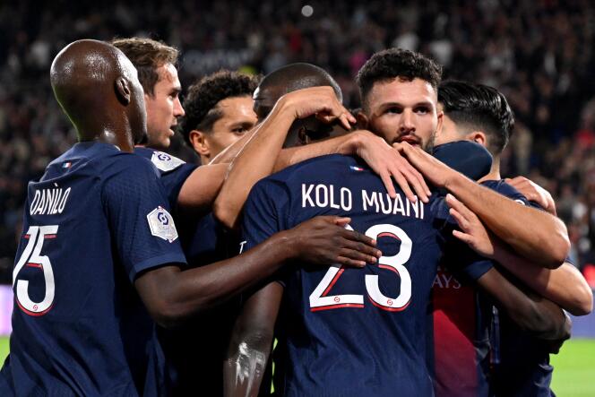 PSG players celebrate one of their goals during the match against OM, at the Parc des Princes, September 24, 2023.