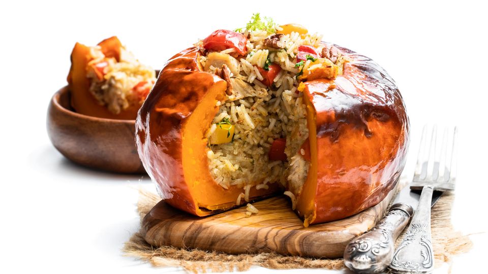 Baked pumpkin stuffed with rice