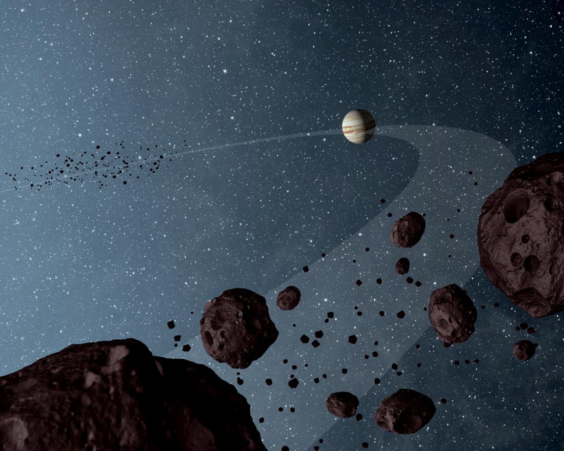 The actual target of the NASA “Lucy” mission is the Trojan asteroids, which are in the orbit of the planet Jupiter.  (Artist's impression)