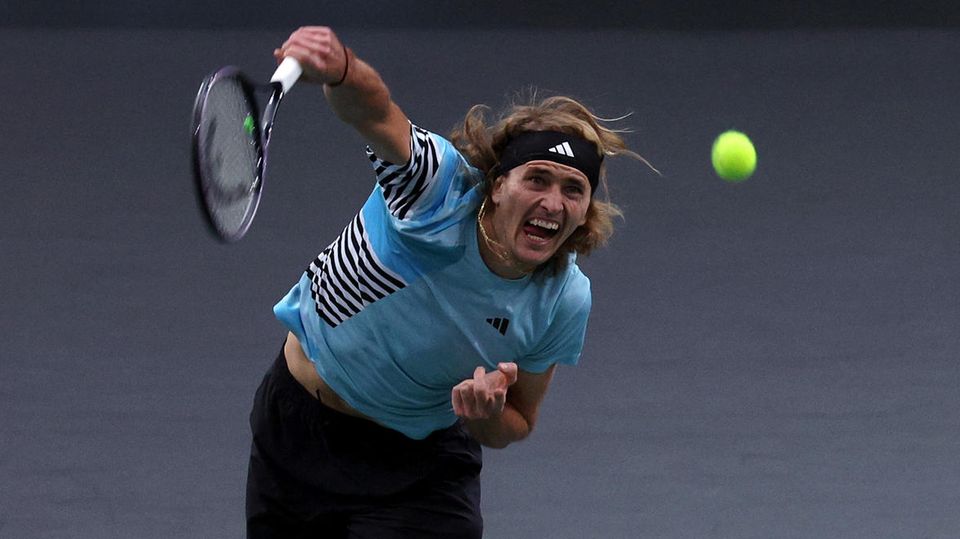 Alexander Zverev serves in the game against Stefanos Tsitsipas at the Masters in Paris