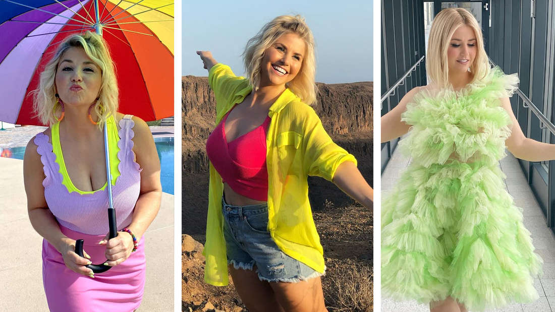 Beatrice Egli with a colorful umbrella in the ZDF television garden.  Beatrice Egli poses for an Instagram photo wearing a crop top and denim shorts.  Beatrice Egli in a neon green tulle dress.  (photomontage)