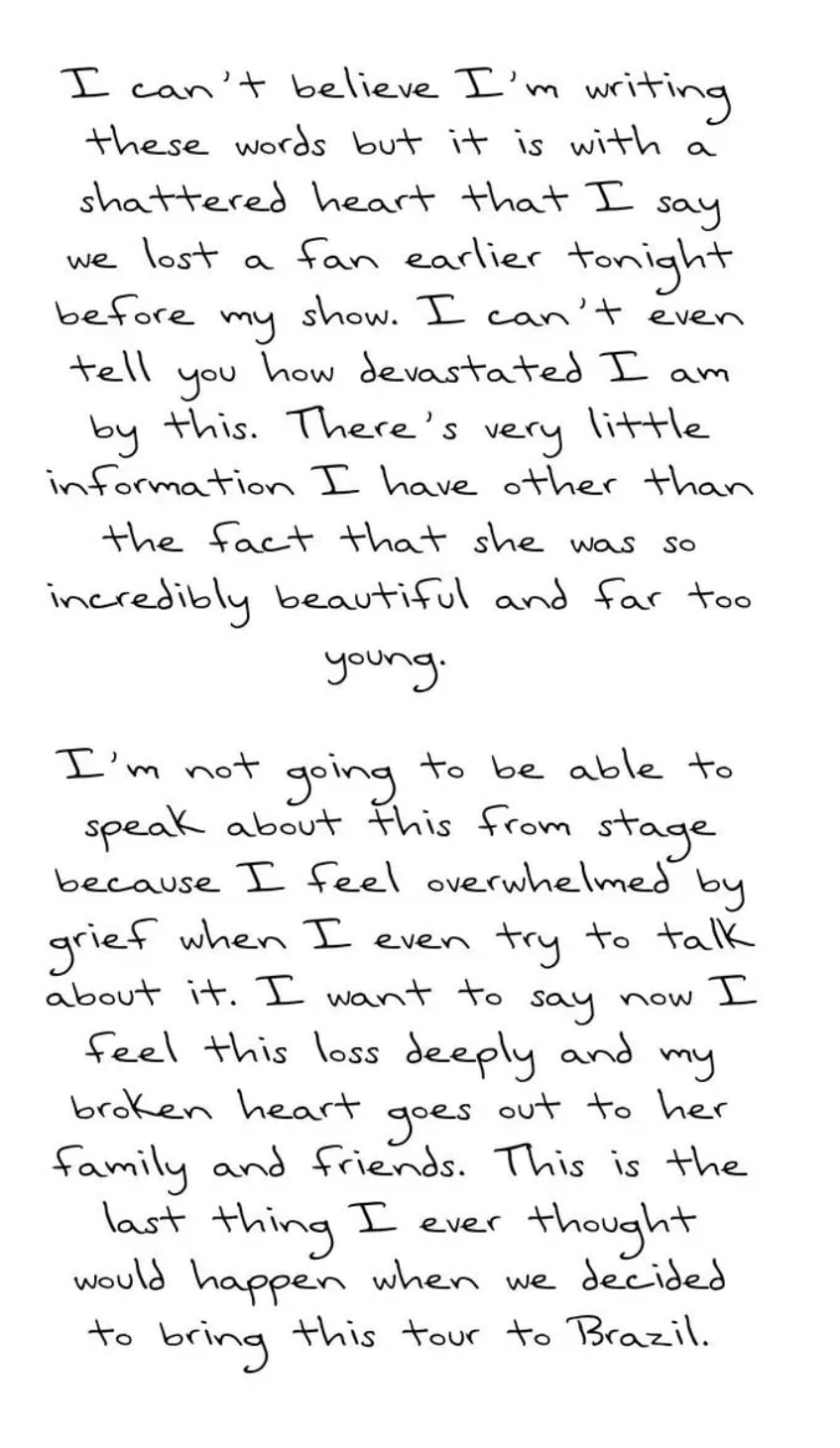 With this handwritten message, Swift shared her pain over the loss of her fan