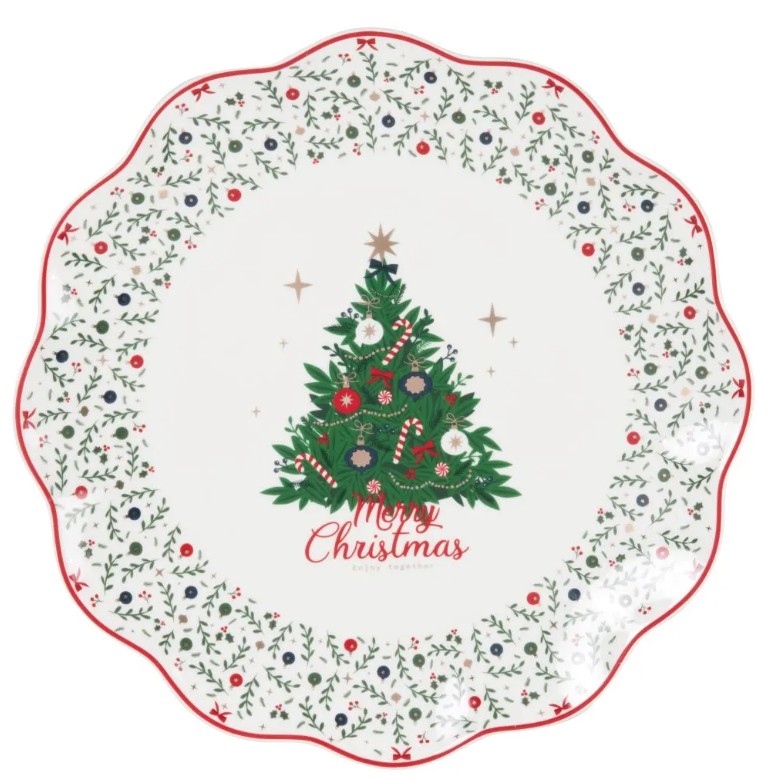   Round Stoneware Dish With Beige, Green, Red And Gold Christmas Patterns 