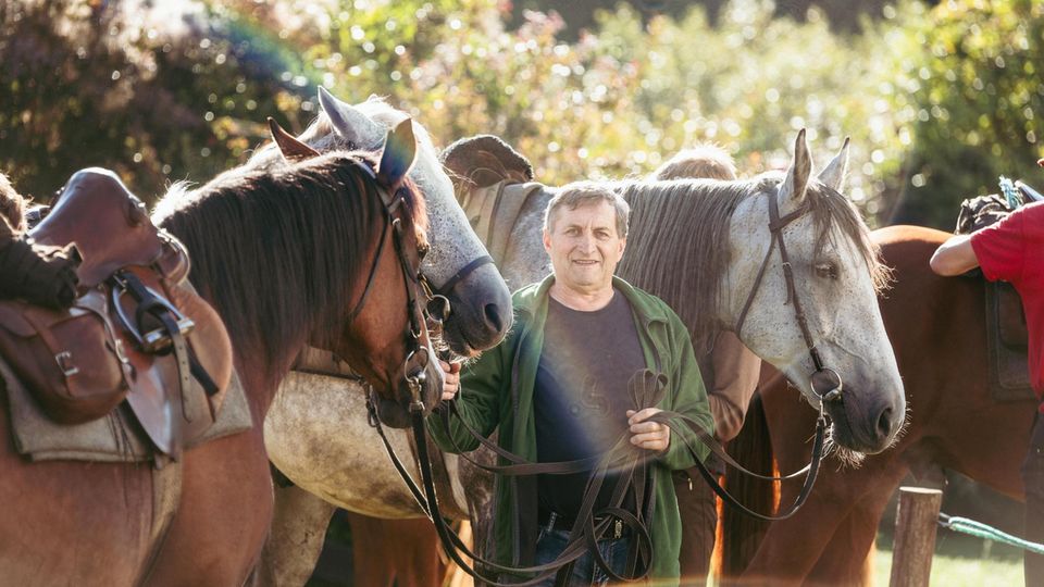 Ein Mann hält mehrere Pferde und lächelt in die Kamera