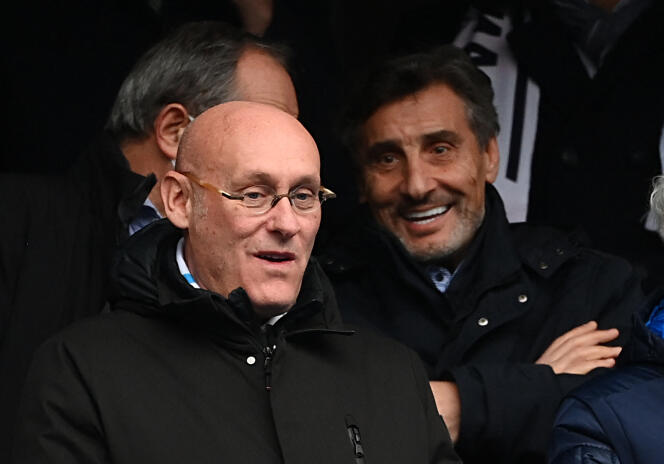 Bernard Laporte (left), and French businessman and president of the Montpellier rugby club, Mohed Altrad (right), at the Stade de France, in Saint-Denis, February 6, 2022.