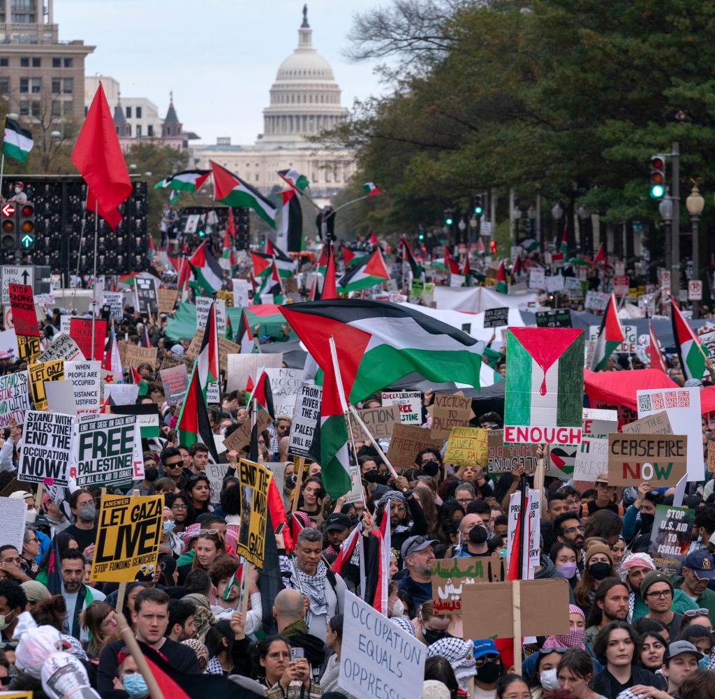 Teilnehmer einer Demonstration für Palästina und gegen die US-Unterstützung für Israel am Samstag in Washington