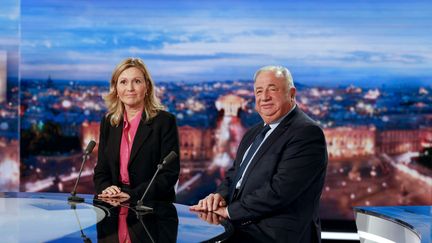 Yaël Braun-Pivet and Gérard Larcher, the presidents of the National Assembly and the Senate, on the set of TF1, November 8, 2023. (LUDOVIC MARIN / AFP)