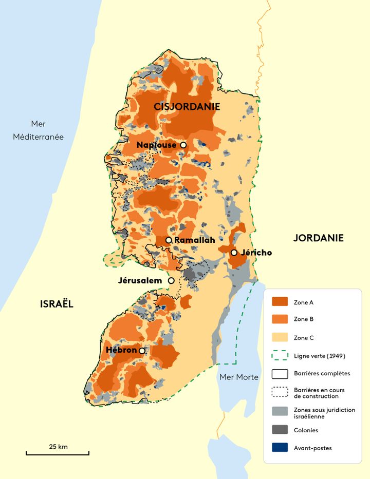 Carte de la Cisjordanie occupée. (PAULINE LE NOURS / FRANCEINFO)