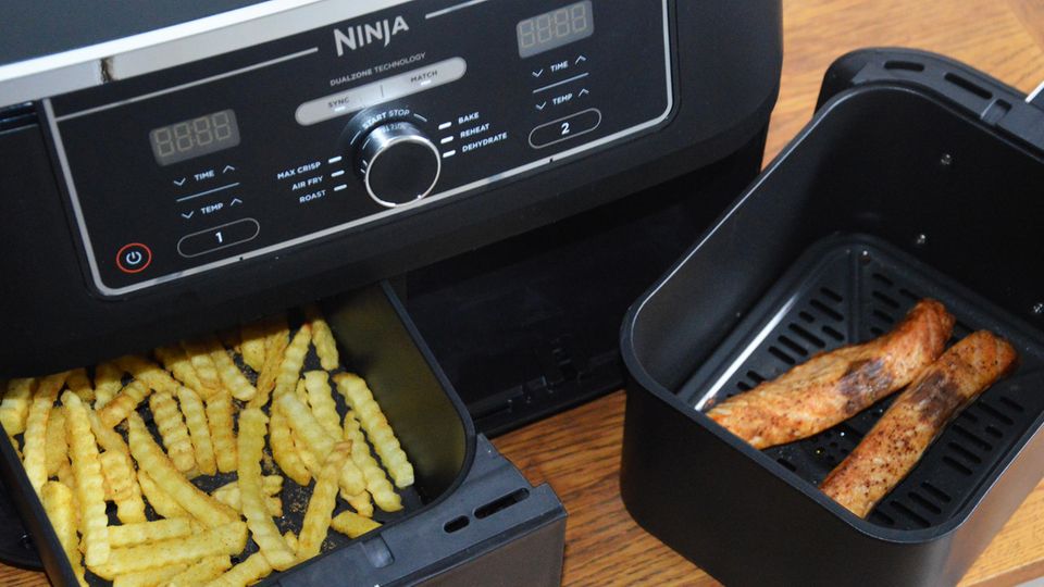 Fries and salmon in the Ninja hot air fryer