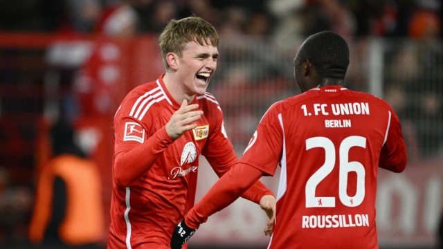 Bundesliga: Finally reason to be happy again: goalscorer Mikkel Kaufmann (left) and Jerome Roussillon celebrate Union's first win in 16 competitive games.