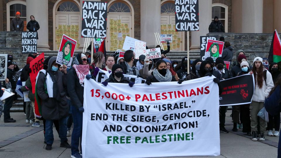 Students from Pennsylvania State University demonstrate for a "End of the siege, genocide and colonization" of Palestine 