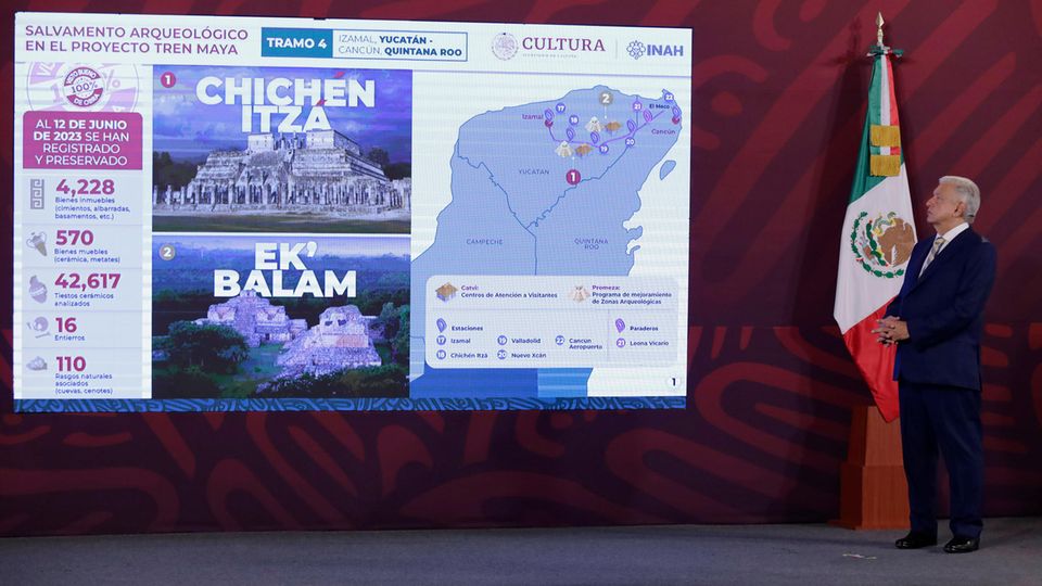 Mexico's President López Obrador explains the progress of the Tren Maya project with a presentation