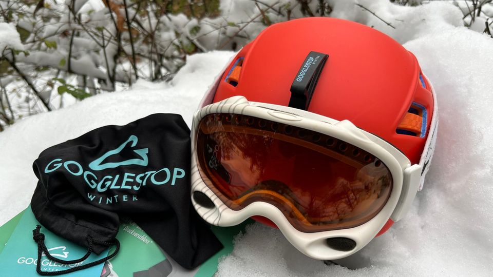 GoggleStop from DHDL: GoggleStop on a ski helmet with glasses
