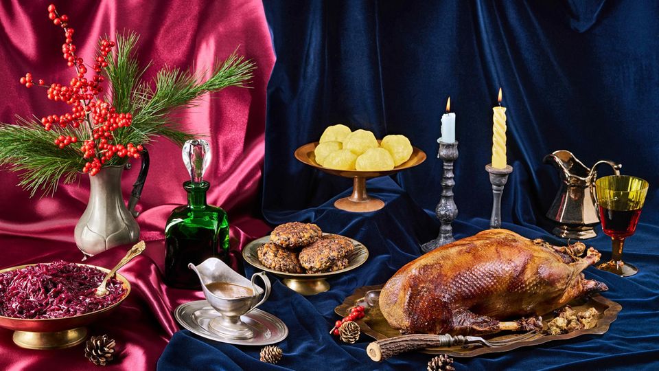 A sumptuous Christmas dinner with roast goose