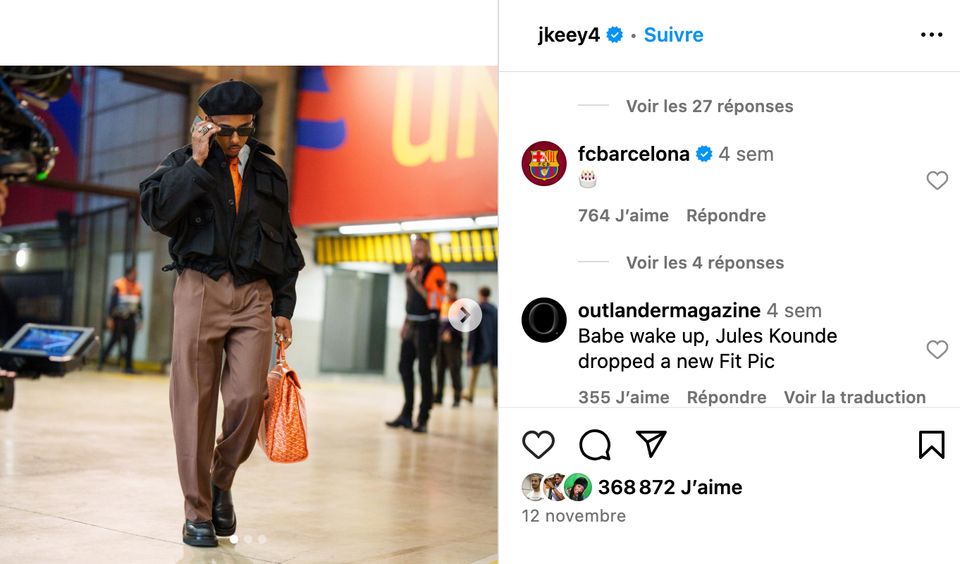 Publication by Jules Koundé on November 12 on Instagram, the football player wears a beret.