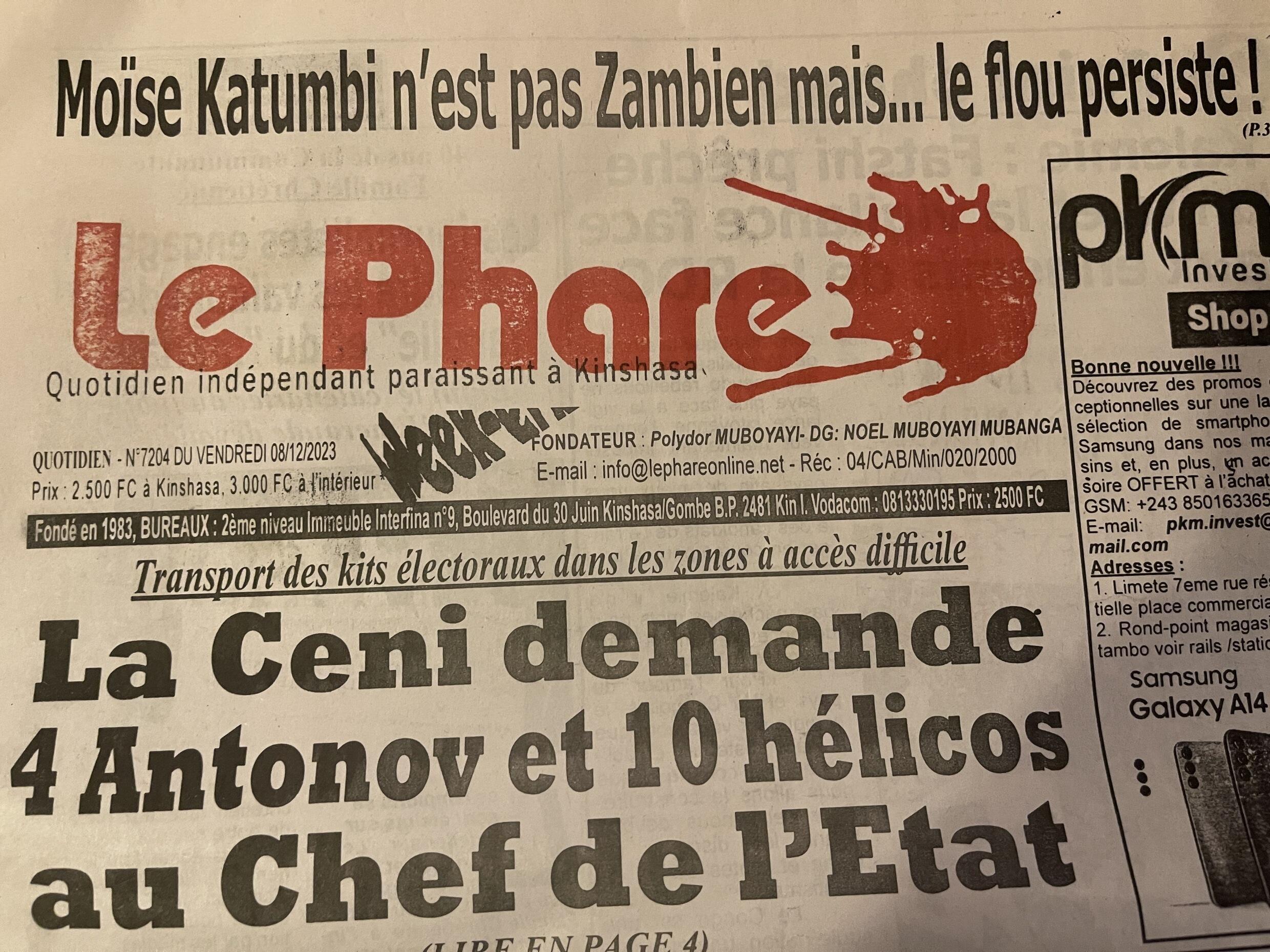 The front page of the newspaper Le Phare