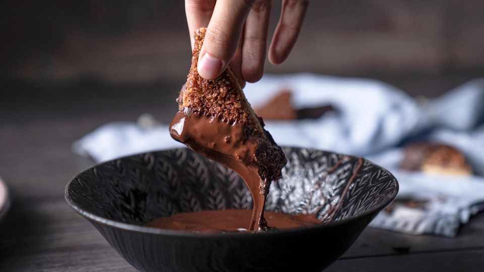 Nut wedges dipped in chocolate