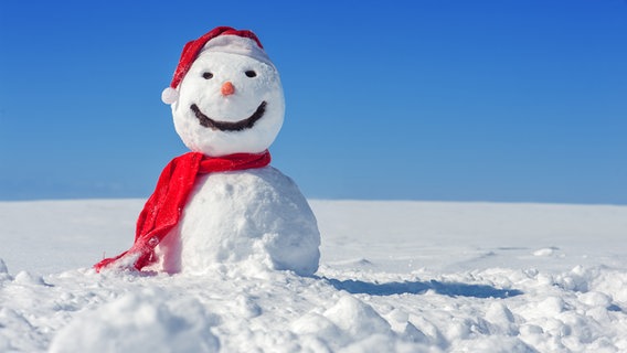 A snowman wearing a Santa hat stands in the snow against a bright blue sky.  © Fotoalia Photo: Ivan Kmit