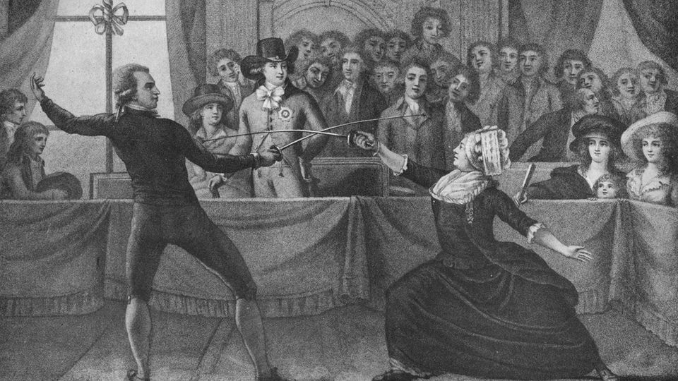 Portrait of a fencing match between the Chevalière Charlotte d'Eon and Monsieur De Saint George