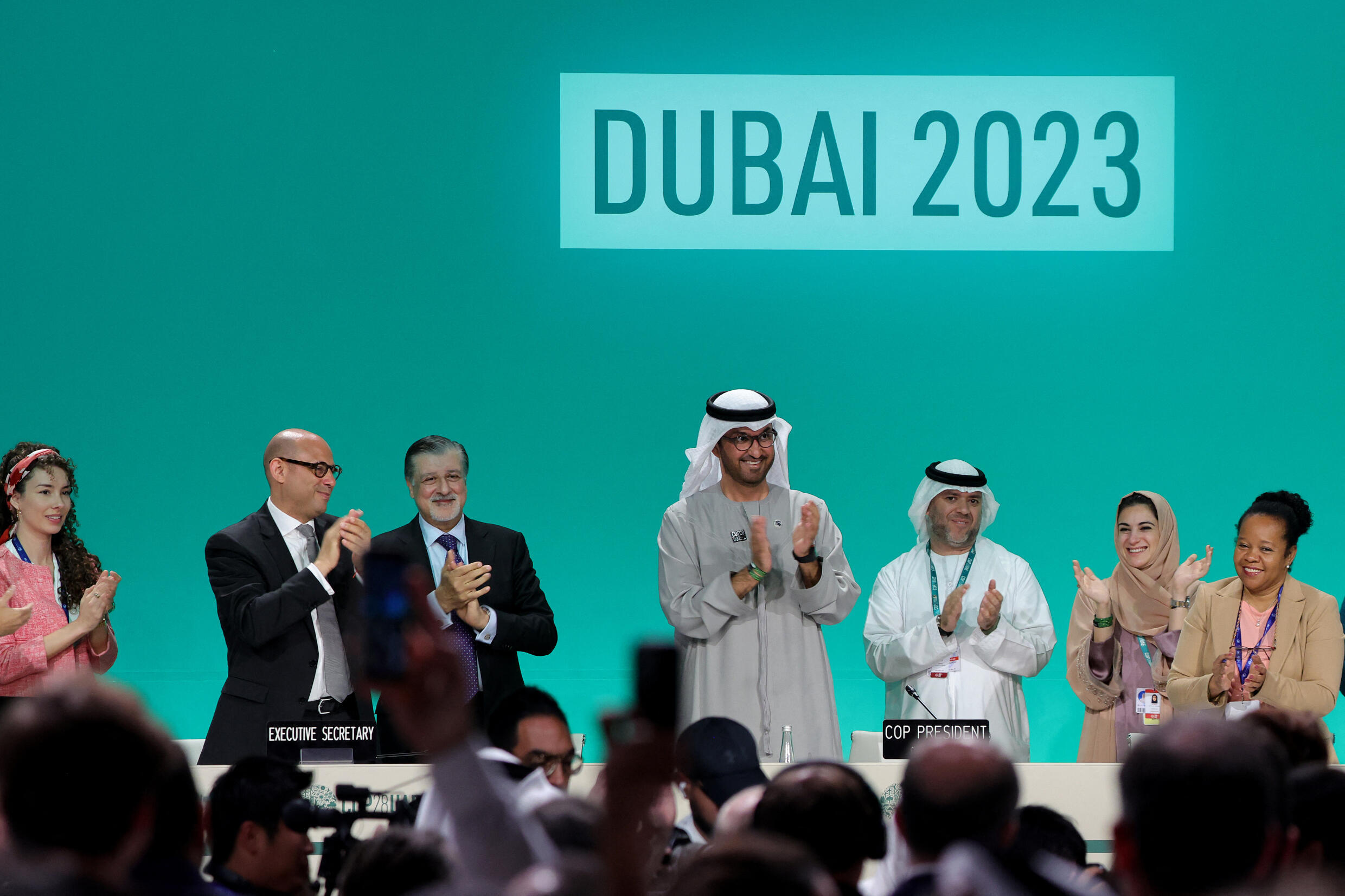 COP28 President Sultan al-Jaber announces the vote on the final agreement on December 13, 2023, in Dubai.