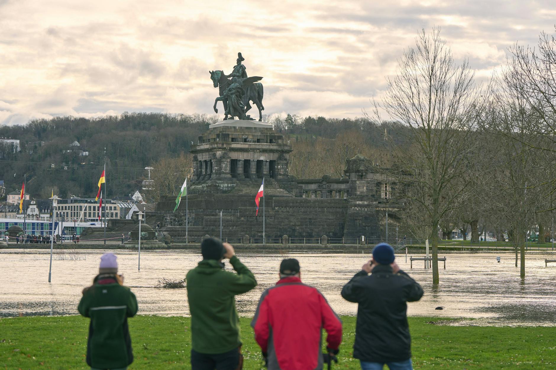 Koblenz: The Deutsches Eck with the equestrian statue of Kaiser Wilhelm stands surrounded by the Rhine floodwaters, which reach their crest on the Middle Rhine.