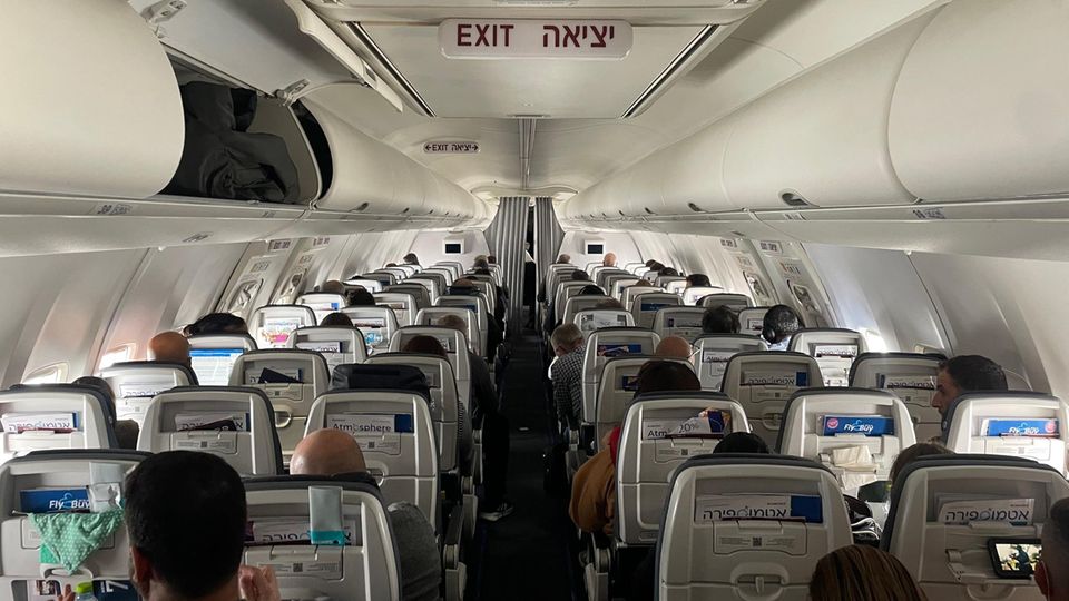 On the way to Tel Aviv: The cabin interior of an Israeli airline El Al plane