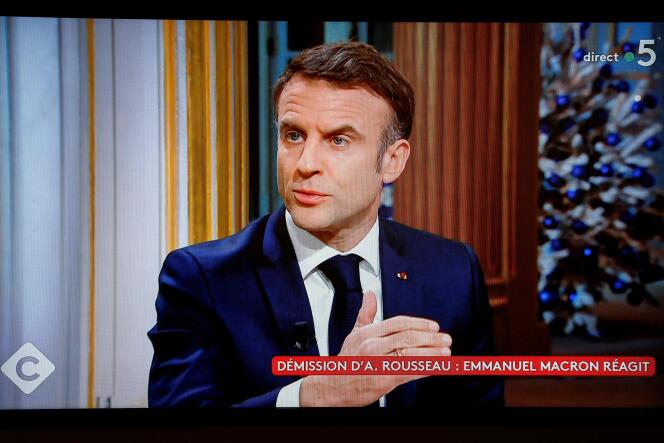 Emmanuel Macron speaks during an interview in the television show “C à vous”, on France 5, at the Elysée, in Paris, December 20, 2023.