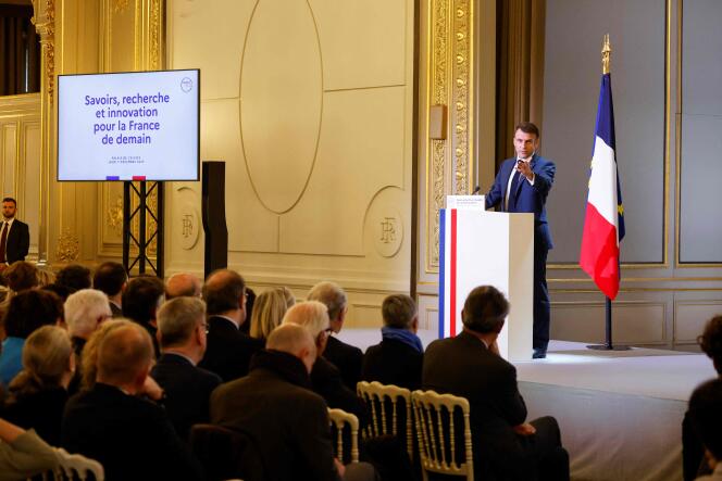 Emmanuel Macron during the presentation of his plan for the future of French research, at the Elysée, in Paris, December 7, 2023.
