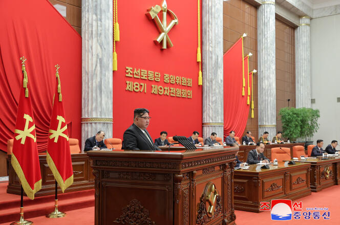 North Korean leader Kim Jong-un attends the plenary meeting of the central committee of the Workers' Party in Pyongyang, in a photo published by the Korean Central News Agency on December 31, 2023.