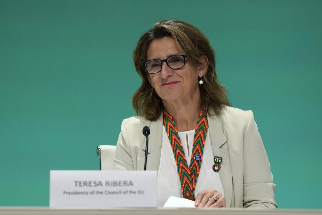 Spanish Minister of Ecological Transition, Teresa Ribera, during a press conference at COP28, in Dubai, December 6, 2023.