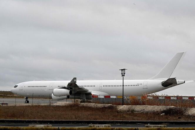 The Legend Airlines Airbus A340, parked on the tarmac at Vatry airport (Marne), December 23, 2023.
