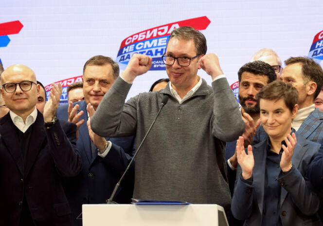 Serbian President Aleksandar Vucic at the headquarters of his party, the SNS, in Belgrade, December 17, 2023, after the exit polls for the parliamentary elections.